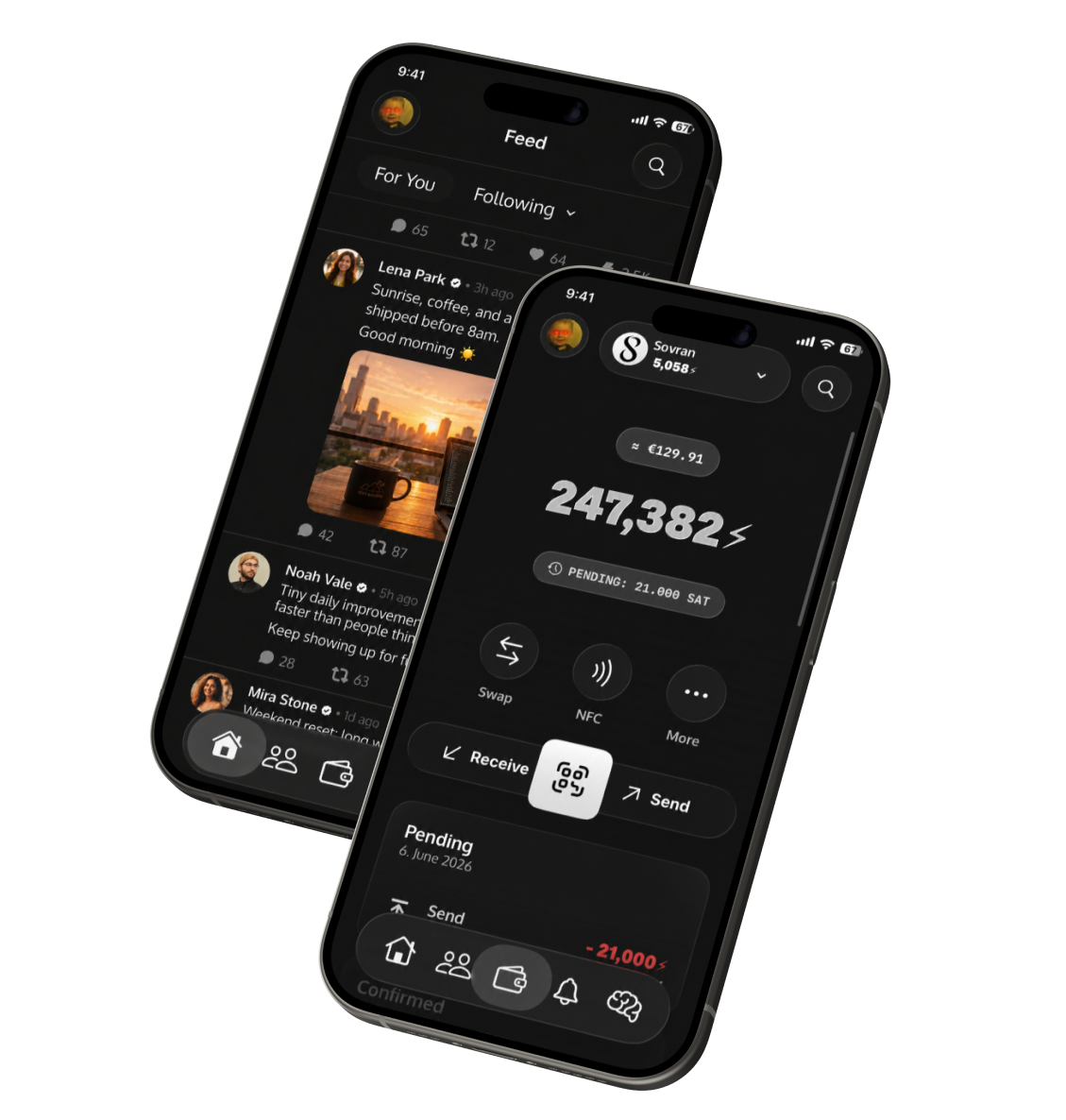 Two Sovran app screens showing the feed and wallet